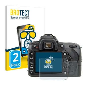 Parte frontal de un envase de producto con el logotipo de la marca BROTECT. Al lado se muestra el dispositivo Nikon D90 con su
