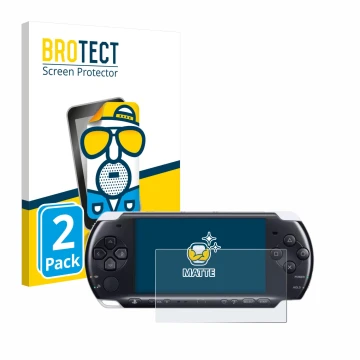 Parte frontal de un envase de producto con el logotipo de la marca BROTECT. Al lado se muestra el dispositivo Sony PSP 3000 co