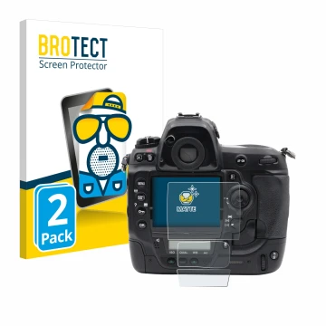 Parte frontal de un envase de producto con el logotipo de la marca BROTECT. Al lado se muestra el dispositivo Nikon D3x con su