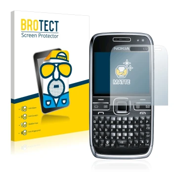 Parte frontal de un envase de producto con el logotipo de la marca BROTECT. Al lado se muestra el dispositivo Nokia E72 con su