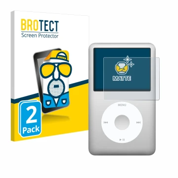 Parte frontal de un envase de producto con el logotipo de la marca BROTECT. Al lado se muestra el dispositivo Apple iPod class