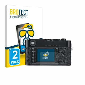 Parte frontal de un envase de producto con el logotipo de la marca BROTECT. Al lado se muestra el dispositivo Leica M9 con su 