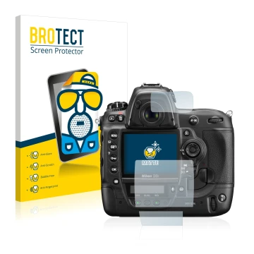 Parte frontal de un envase de producto con el logotipo de la marca BROTECT. Al lado se muestra el dispositivo Nikon D3S con su