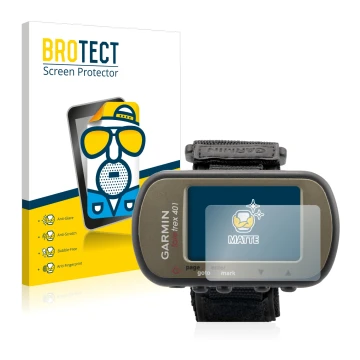 Parte frontal de un envase de producto con el logotipo de la marca BROTECT. Al lado se muestra el dispositivo Garmin Foretrex 