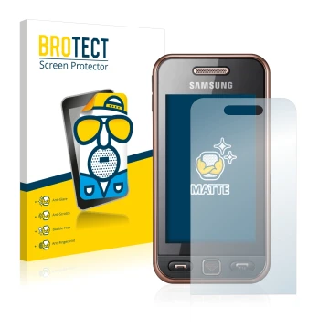 Parte frontal de un envase de producto con el logotipo de la marca BROTECT. Al lado se muestra el dispositivo Samsung GT-S5230