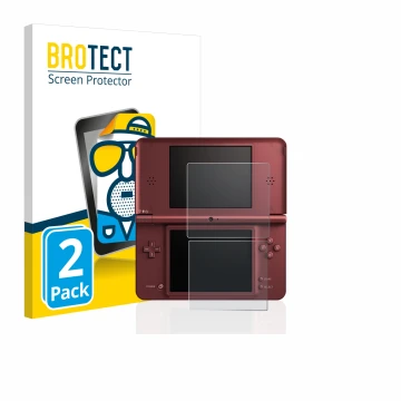 Parte frontal de un envase de producto con el logotipo de la marca BROTECT. Al lado se muestra el dispositivo Nintendo DSi XL 