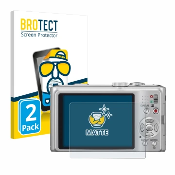 Parte frontal de un envase de producto con el logotipo de la marca BROTECT. Al lado se muestra el dispositivo Panasonic Lumix 