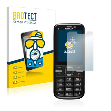 Parte frontal de un envase de producto con el logotipo de la marca BROTECT. Al lado se muestra el dispositivo Nokia C5-00 con 