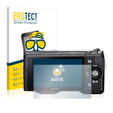 Parte frontal de un envase de producto con el logotipo de la marca BROTECT. Al lado se muestra el dispositivo Sony Alpha NEX-5
