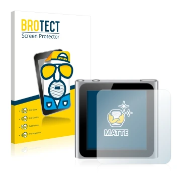 Parte frontal de un envase de producto con el logotipo de la marca BROTECT. Al lado se muestra el dispositivo Apple iPod nano 