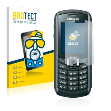 Parte frontal de un envase de producto con el logotipo de la marca BROTECT. Al lado se muestra el dispositivo Samsung B2710 co