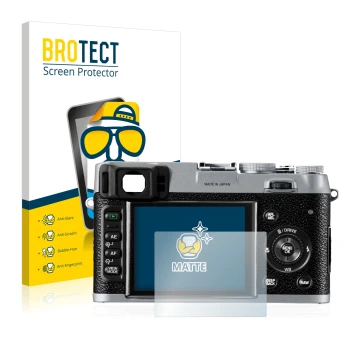 Parte frontal de un envase de producto con el logotipo de la marca BROTECT. Al lado se muestra el dispositivo Fujifilm FinePix
