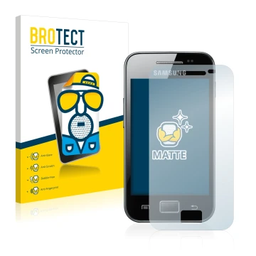Parte frontal de un envase de producto con el logotipo de la marca BROTECT. Al lado se muestra el dispositivo Samsung Galaxy A