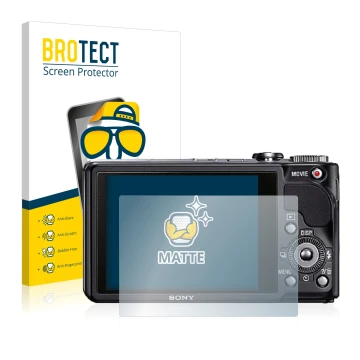 Parte frontal de un envase de producto con el logotipo de la marca BROTECT. Al lado se muestra el dispositivo Sony Cyber-Shot 