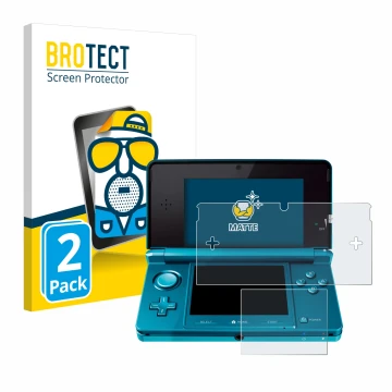 Parte frontal de un envase de producto con el logotipo de la marca BROTECT. Al lado se muestra el dispositivo Nintendo 3DS con