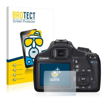 Parte frontal de un envase de producto con el logotipo de la marca BROTECT. Al lado se muestra el dispositivo Canon EOS 1100D 