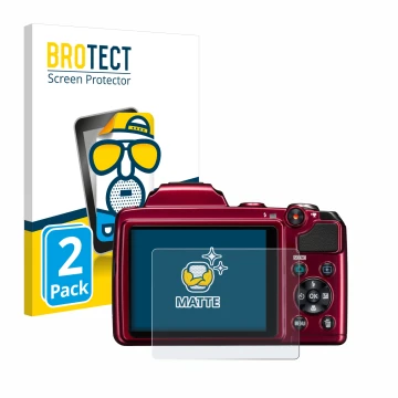 Parte frontal de un envase de producto con el logotipo de la marca BROTECT. Al lado se muestra el dispositivo Nikon Coolpix L1