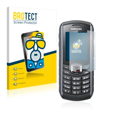 Parte frontal de un envase de producto con el logotipo de la marca BROTECT. Al lado se muestra el dispositivo Samsung GT-B2710