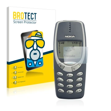 Parte frontal de un envase de producto con el logotipo de la marca BROTECT. Al lado se muestra el dispositivo Nokia 3310 2011 