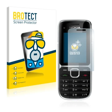 Parte frontal de un envase de producto con el logotipo de la marca BROTECT. Al lado se muestra el dispositivo Nokia C2-01 con 