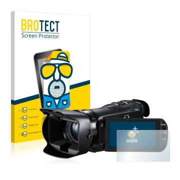 Parte frontal de un envase de producto con el logotipo de la marca BROTECT. Al lado se muestra el dispositivo Canon Legria HF 
