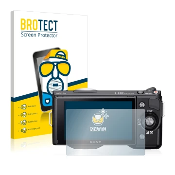 Parte frontal de un envase de producto con el logotipo de la marca BROTECT. Al lado se muestra el dispositivo Sony Alpha NEX-5