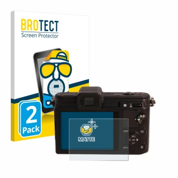 Parte frontal de un envase de producto con el logotipo de la marca BROTECT. Al lado se muestra el dispositivo Nikon 1 V1 con s
