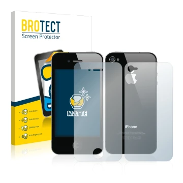 Parte frontal de un envase de producto con el logotipo de la marca BROTECT. Al lado se muestra el dispositivo Apple iPhone 4S 