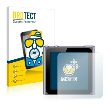Parte frontal de un envase de producto con el logotipo de la marca BROTECT. Al lado se muestra el dispositivo Apple iPod nano 
