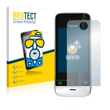 Parte frontal de un envase de producto con el logotipo de la marca BROTECT. Al lado se muestra el dispositivo Gigaset SL910 (r