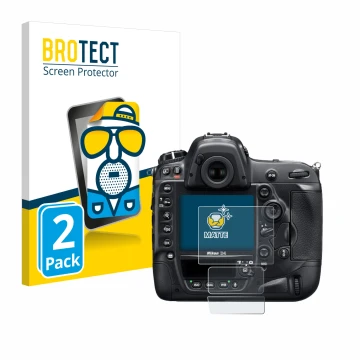 Parte frontal de un envase de producto con el logotipo de la marca BROTECT. Al lado se muestra el dispositivo Nikon D4 con su 