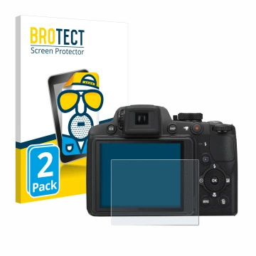 Parte frontal de un envase de producto con el logotipo de la marca BROTECT. Al lado se muestra el dispositivo Nikon Coolpix P5