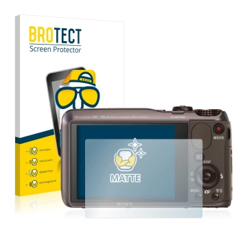Parte frontal de un envase de producto con el logotipo de la marca BROTECT. Al lado se muestra el dispositivo Sony Cyber-Shot 