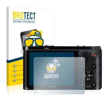 Parte frontal de un envase de producto con el logotipo de la marca BROTECT. Al lado se muestra el dispositivo Samsung NX1000 c