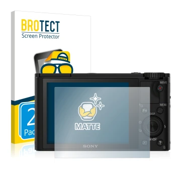 Parte frontal de un envase de producto con el logotipo de la marca BROTECT. Al lado se muestra el dispositivo Sony Cyber-Shot 