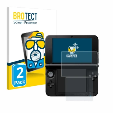 Parte frontal de un envase de producto con el logotipo de la marca BROTECT. Al lado se muestra el dispositivo Nintendo 3DS XL 