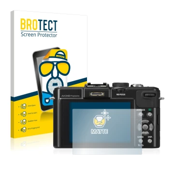 Parte frontal de un envase de producto con el logotipo de la marca BROTECT. Al lado se muestra el dispositivo Panasonic Lumix 