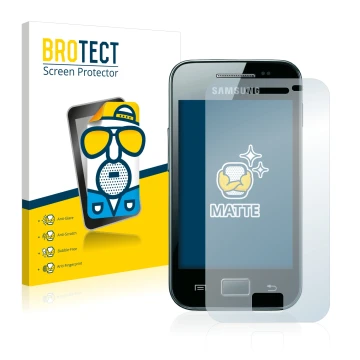 Parte frontal de un envase de producto con el logotipo de la marca BROTECT. Al lado se muestra el dispositivo Samsung Galaxy A