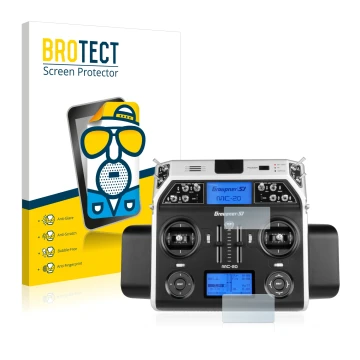 Parte frontal de un envase de producto con el logotipo de la marca BROTECT. Al lado se muestra el dispositivo Graupner MC-20 H