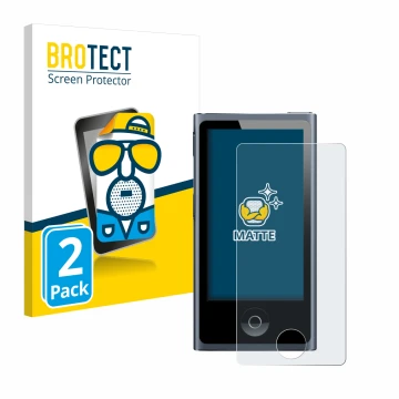Parte frontal de un envase de producto con el logotipo de la marca BROTECT. Al lado se muestra el dispositivo Apple iPod nano 