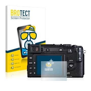 Parte frontal de un envase de producto con el logotipo de la marca BROTECT. Al lado se muestra el dispositivo Fujifilm X-E1 co