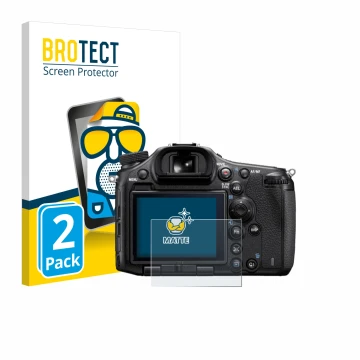 Parte frontal de un envase de producto con el logotipo de la marca BROTECT. Al lado se muestra el dispositivo Sony Alpha 99 co
