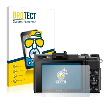 Parte frontal de un envase de producto con el logotipo de la marca BROTECT. Al lado se muestra el dispositivo Olympus Stylus X