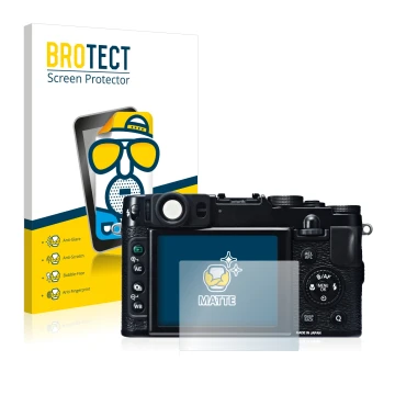 Parte frontal de un envase de producto con el logotipo de la marca BROTECT. Al lado se muestra el dispositivo Fujifilm X20 con