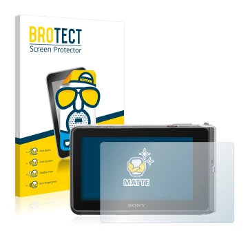Parte frontal de un envase de producto con el logotipo de la marca BROTECT. Al lado se muestra el dispositivo Sony Cyber-Shot 