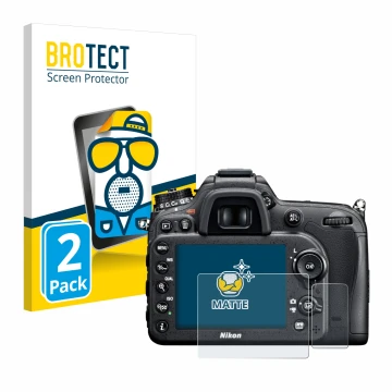 Parte frontal de un envase de producto con el logotipo de la marca BROTECT. Al lado se muestra el dispositivo Nikon D7100 con 