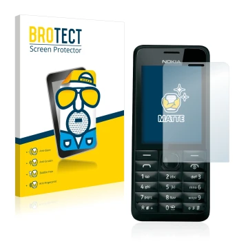 Parte frontal de un envase de producto con el logotipo de la marca BROTECT. Al lado se muestra el dispositivo Nokia 301 con su