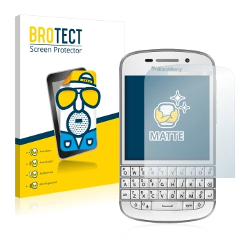 Parte frontal de un envase de producto con el logotipo de la marca BROTECT. Al lado se muestra el dispositivo BlackBerry Q10 c