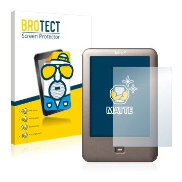 Parte frontal de un envase de producto con el logotipo de la marca BROTECT. Al lado se muestra el dispositivo Tolino Shine con