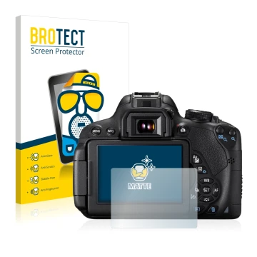 Parte frontal de un envase de producto con el logotipo de la marca BROTECT. Al lado se muestra el dispositivo Canon EOS 700D c